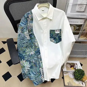 2023 nové jar a na jeseň vyprážané ulici Číny-Elegantný kvetinové patchwork tričko mužov a žien dizajn milovníkov nadrozmerné tričko kabát