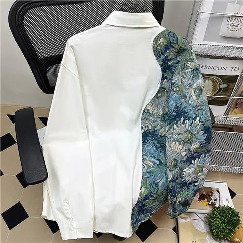 2023 nové jar a na jeseň vyprážané ulici Číny-Elegantný kvetinové patchwork tričko mužov a žien dizajn milovníkov nadrozmerné tričko kabát1