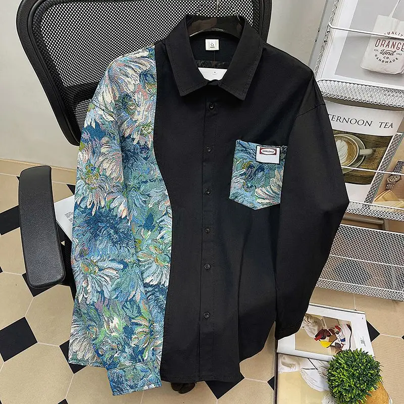 2023 nové jar a na jeseň vyprážané ulici Číny-Elegantný kvetinové patchwork tričko mužov a žien dizajn milovníkov nadrozmerné tričko kabát2