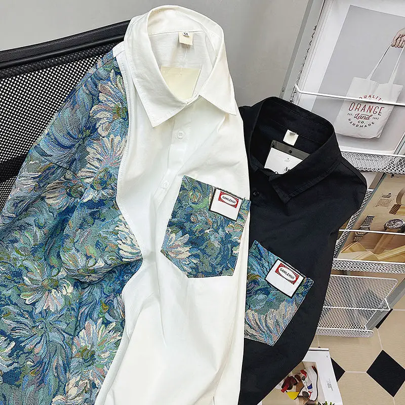 2023 nové jar a na jeseň vyprážané ulici Číny-Elegantný kvetinové patchwork tričko mužov a žien dizajn milovníkov nadrozmerné tričko kabát4
