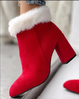 2024 Nové Červené Vlna Členková Obuv Robustný Vysoké Podpätky Bočné Zip Vianočné Topánky Ženy Topánky Lady Krátke Botičky