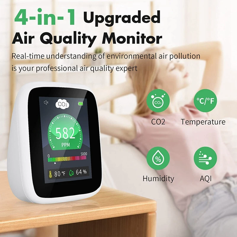 4-V-1 pre Kvalitu Ovzdušia Monitor CO2 Detektor Teploty A Relatívnej Vlhkosti S budíkom5
