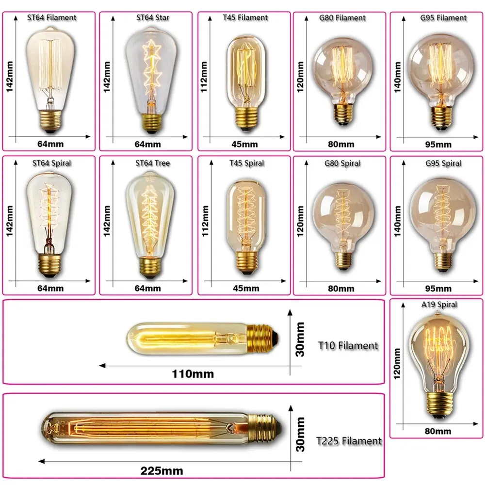 6pcs/veľa Retro Edison Žiarovku E27 220V 40W ST64 G80 G95 T10 T45 Ampoule Vintage Žiarovky Žiarovky Edison Lampy Domova1