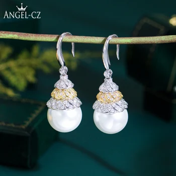 ANGELCZ Luxusné Ženy Šperky sú Dve Farby Pokovovanie Micro Pave Šumivé AAAAA Cubic Zirconia Svadobné Pearl Náušnice Kvapka AE333