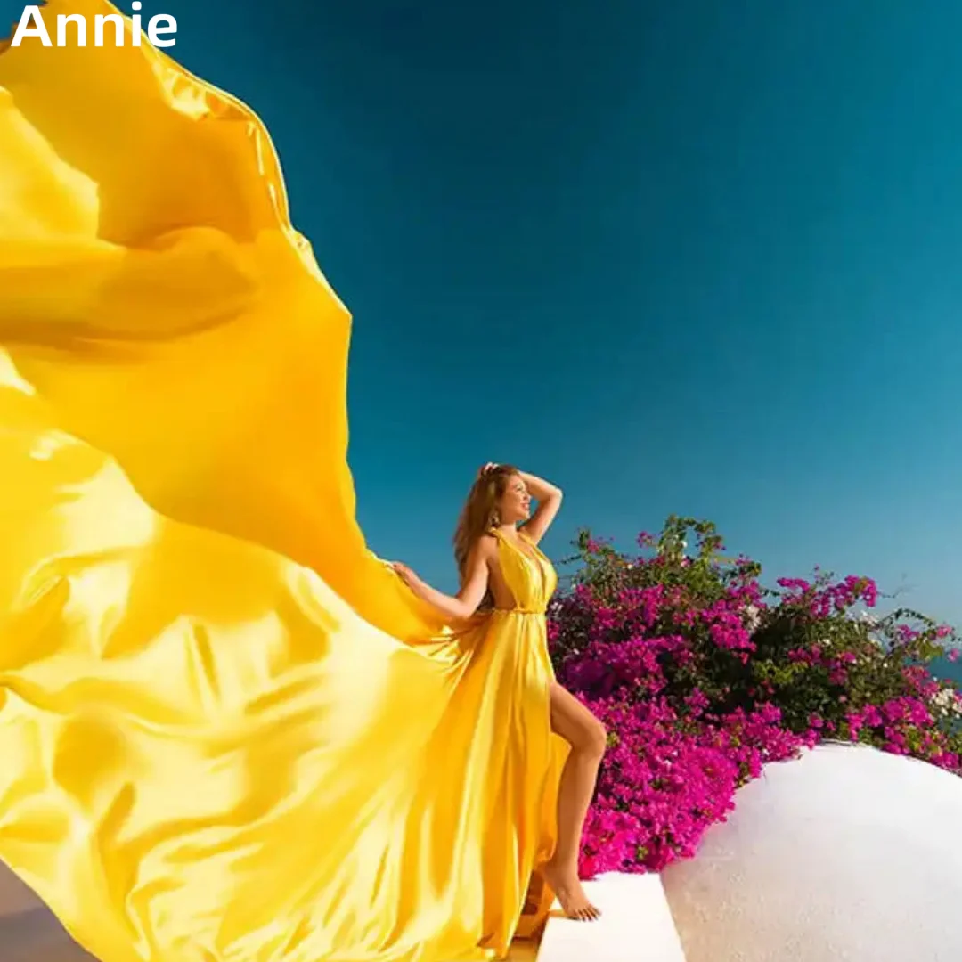 Annie SantoriniSexy Prom Šaty, Žltá 3M Dlhý Chvost Večerné Šaty Sexy Sexy Backless Štrbinou Hodváb 2023 Luxusné Dlhé Večerné Šaty0