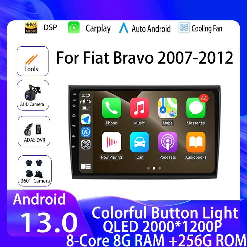Autorádio Android 13 Fiat Bravo 2007-2012 Autoradio Audio Stereo Multimediálny Prehrávač Videa 2 Din GPS Navigácie Carplay 4G, DVD0