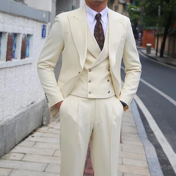 Béžová Nové Módne Muži 3 Ks Vyhovuje Farbou Vrchol Klope Singel svojim Tenkým Sako Business Svadobné Elegantné Obleky pre Mužov