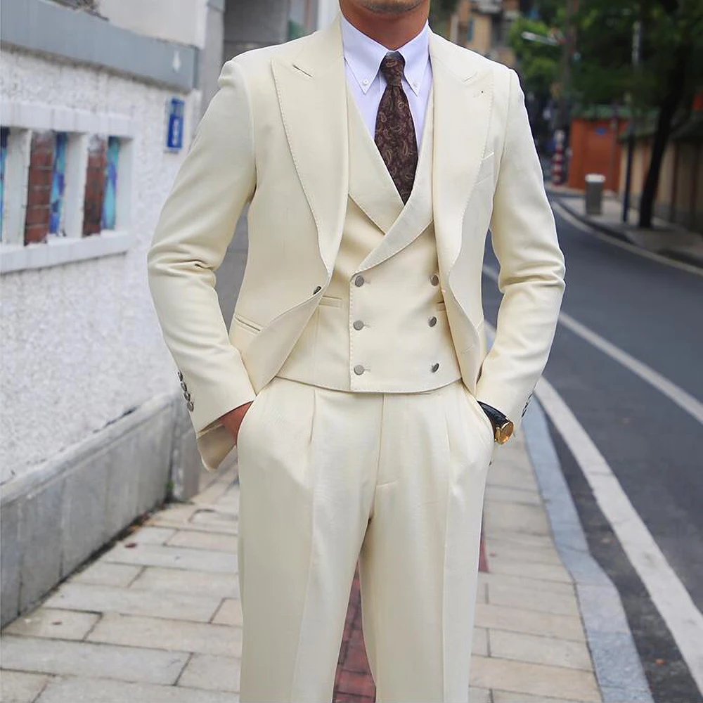 Béžová Nové Módne Muži 3 Ks Vyhovuje Farbou Vrchol Klope Singel svojim Tenkým Sako Business Svadobné Elegantné Obleky pre Mužov0