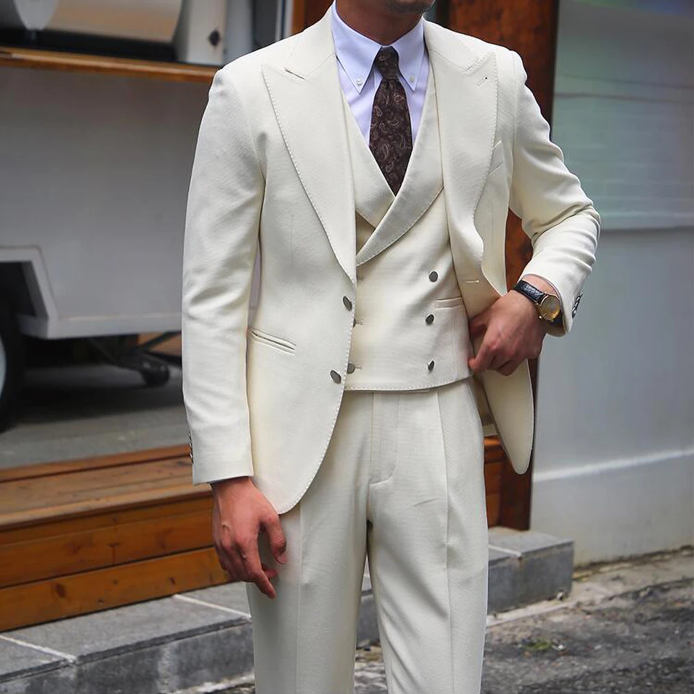 Béžová Nové Módne Muži 3 Ks Vyhovuje Farbou Vrchol Klope Singel svojim Tenkým Sako Business Svadobné Elegantné Obleky pre Mužov1