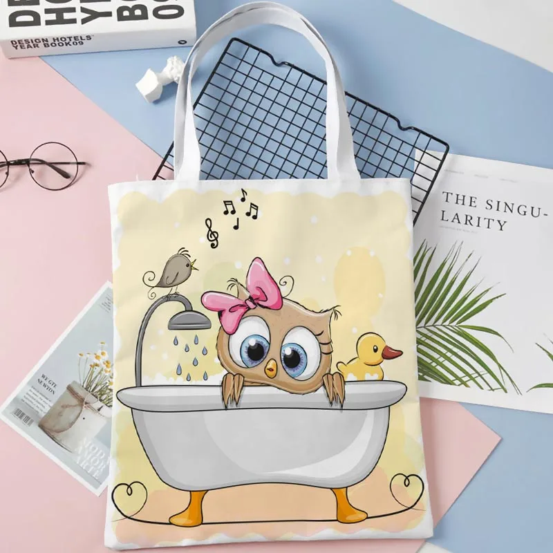 Cartoon Zvieratá V Kúpeľni Tote Bag Bavlnenej látky Ramenný Shopper Tašky pre Ženy Eco Skladacia Opakovane Nákupné Tašky 11-41