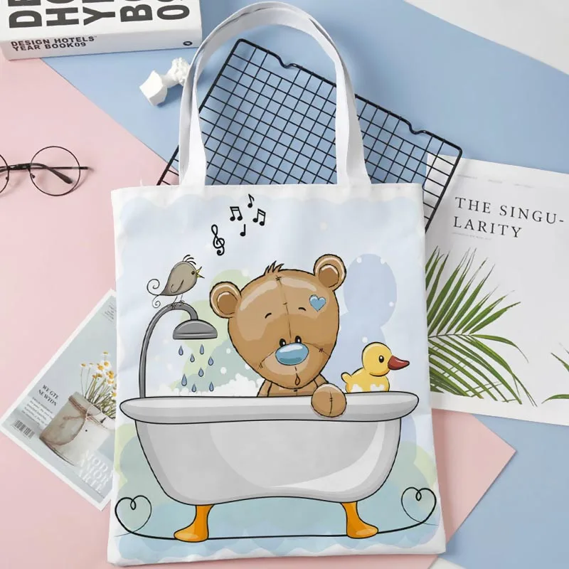 Cartoon Zvieratá V Kúpeľni Tote Bag Bavlnenej látky Ramenný Shopper Tašky pre Ženy Eco Skladacia Opakovane Nákupné Tašky 11-42