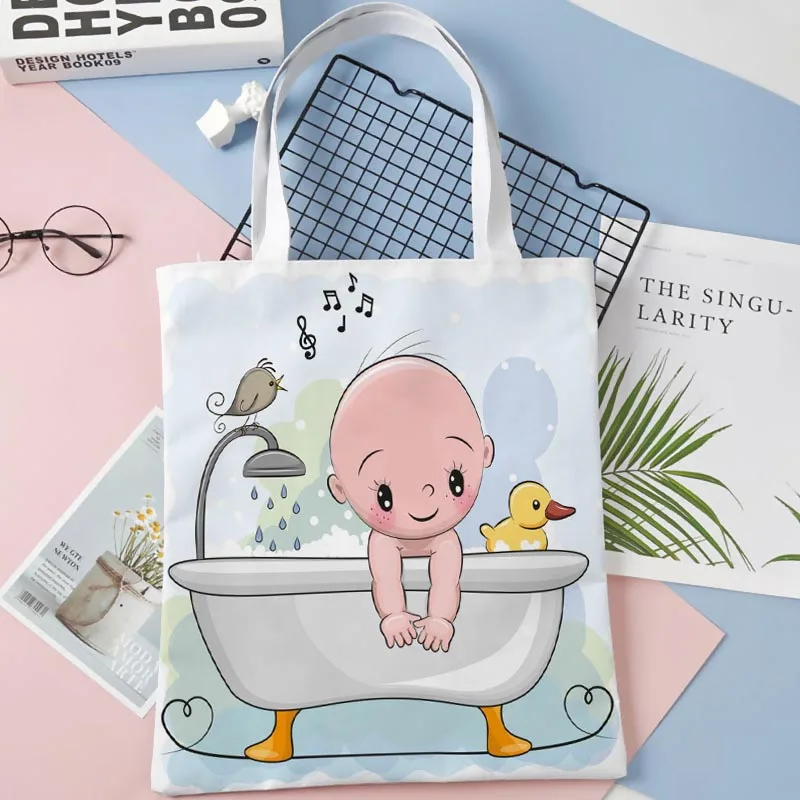 Cartoon Zvieratá V Kúpeľni Tote Bag Bavlnenej látky Ramenný Shopper Tašky pre Ženy Eco Skladacia Opakovane Nákupné Tašky 11-44