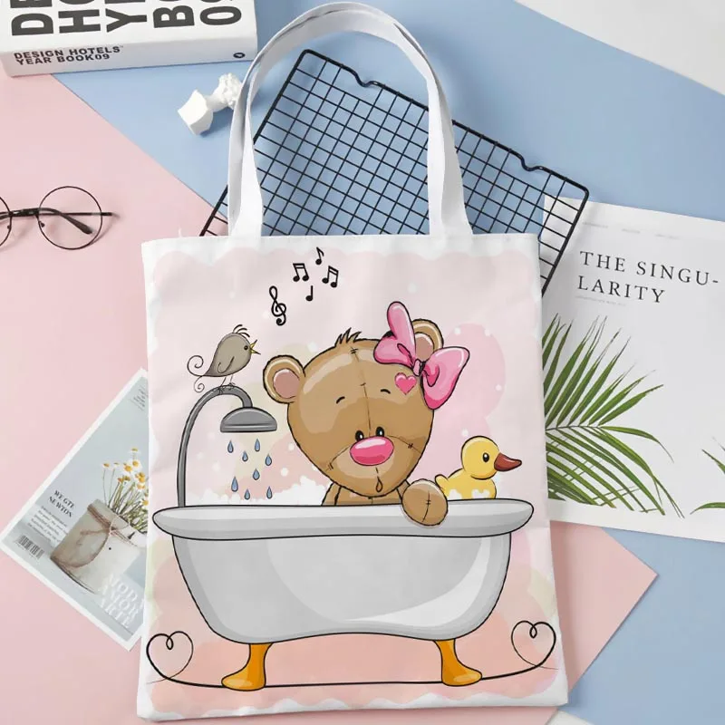 Cartoon Zvieratá V Kúpeľni Tote Bag Bavlnenej látky Ramenný Shopper Tašky pre Ženy Eco Skladacia Opakovane Nákupné Tašky 11-45
