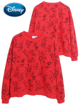 Disney Červená Mikina Mickey Mouse Karikatúra Tlače Módne Ženy Voľné O-Krku Pulóver Jumper Fleece Tee Topy Femme Streetwear