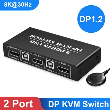 DP KVM Prepínač 2 Port 8K@30Hz 4K@60hz Displayport1.2 Prepnite položku 2 V 1 s 3 USB2.0 Port pre 2 PC Notebook Zdieľať Klávesnica Myš