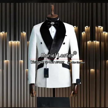 Elegantné pánske Obleky Pre Svadobné Biely Kvetinový Žakárové Sako Nohavice 2 Ks Formálne Ženícha Tuxedos na Mieru Priateľ Oblečenie