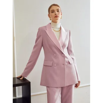 Elegantné Ružové Satin Vrchol Klope Dvojité Breasted Office Lady Obleky pre Ženy 2 Kus Módne Formálne Bežné Základy Nohavice, Súpravy 2023