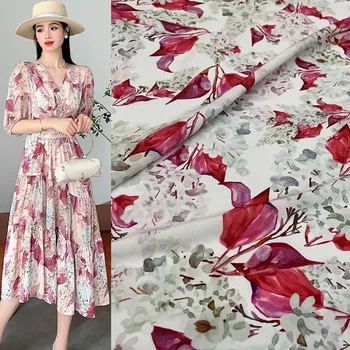 Európa A Amerika Módne Červený Kvet Vytlačené Polyester Krepové Textílie Pre Ženy Šaty, Blúzky, Ručné DIY Handričkou Šitie