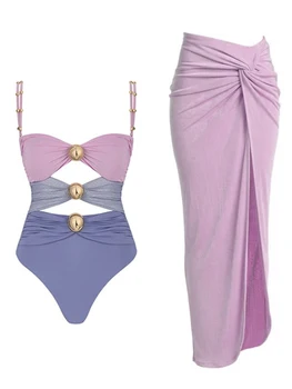 Farebný Blok Výrez jednodielnych Plaviek a Sarong Módne Patchwork Push Up Plavky Ženy, Luxusné plavky plážové oblečenie 2024