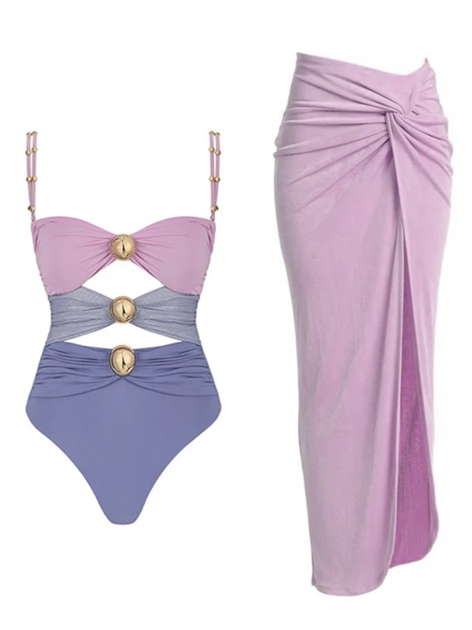 Farebný Blok Výrez jednodielnych Plaviek a Sarong Módne Patchwork Push Up Plavky Ženy, Luxusné plavky plážové oblečenie 20240