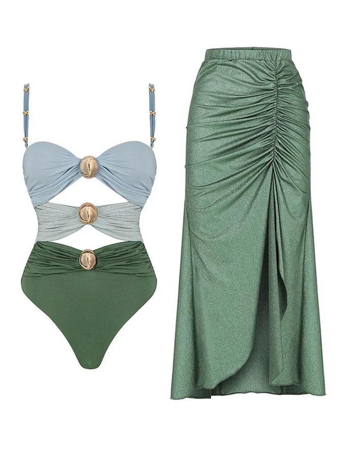 Farebný Blok Výrez jednodielnych Plaviek a Sarong Módne Patchwork Push Up Plavky Ženy, Luxusné plavky plážové oblečenie 20242
