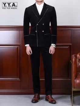 Luxusné Muži Čierne Svadobné Šaty, Oblek Dvojité Breasted Velvet Formálne Dve Dielna Sada Sako Bunda Obchodné Muž Pracovné Odevy Oblečenie