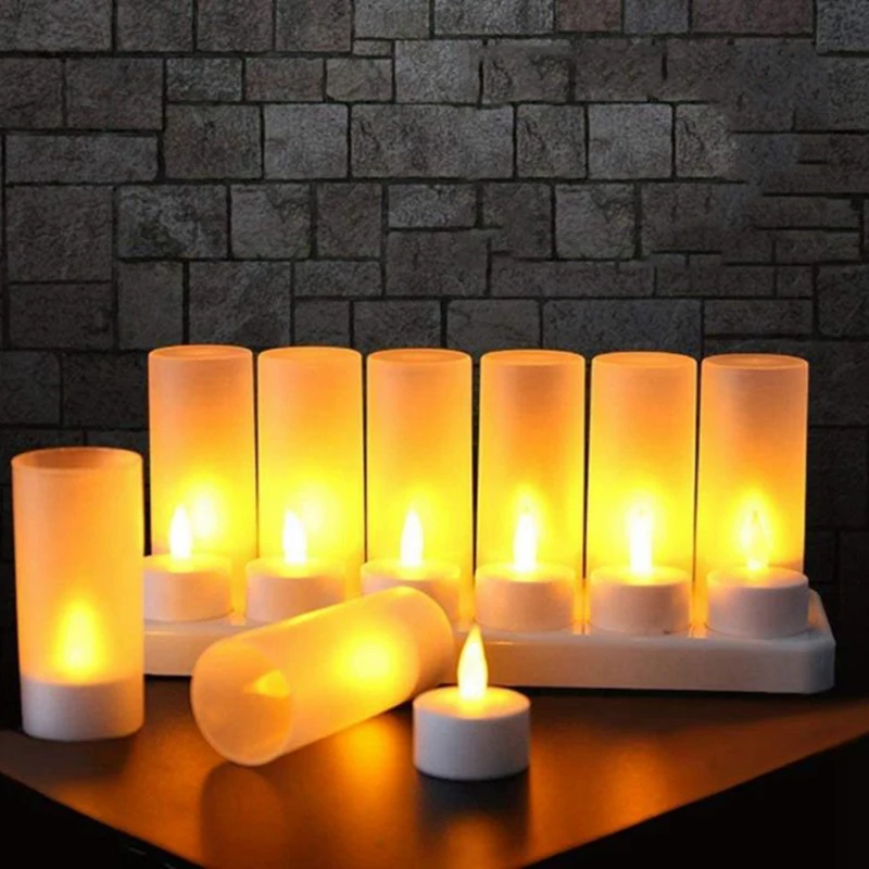 Nabíjateľná Flameless Sviečka,24 Ks Žlté Svetlo LED Blikajúce Svetlá Čaj&24 Matné Poháre,S Nabíjacej Základne,UK Plug1