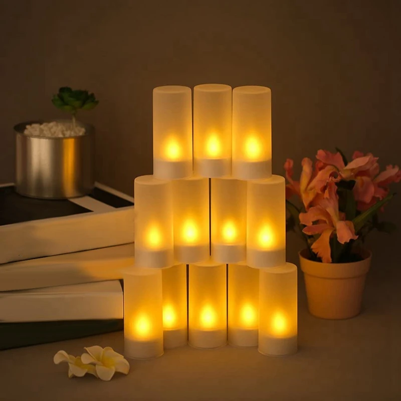 Nabíjateľná Flameless Sviečka,24 Ks Žlté Svetlo LED Blikajúce Svetlá Čaj&24 Matné Poháre,S Nabíjacej Základne,UK Plug3