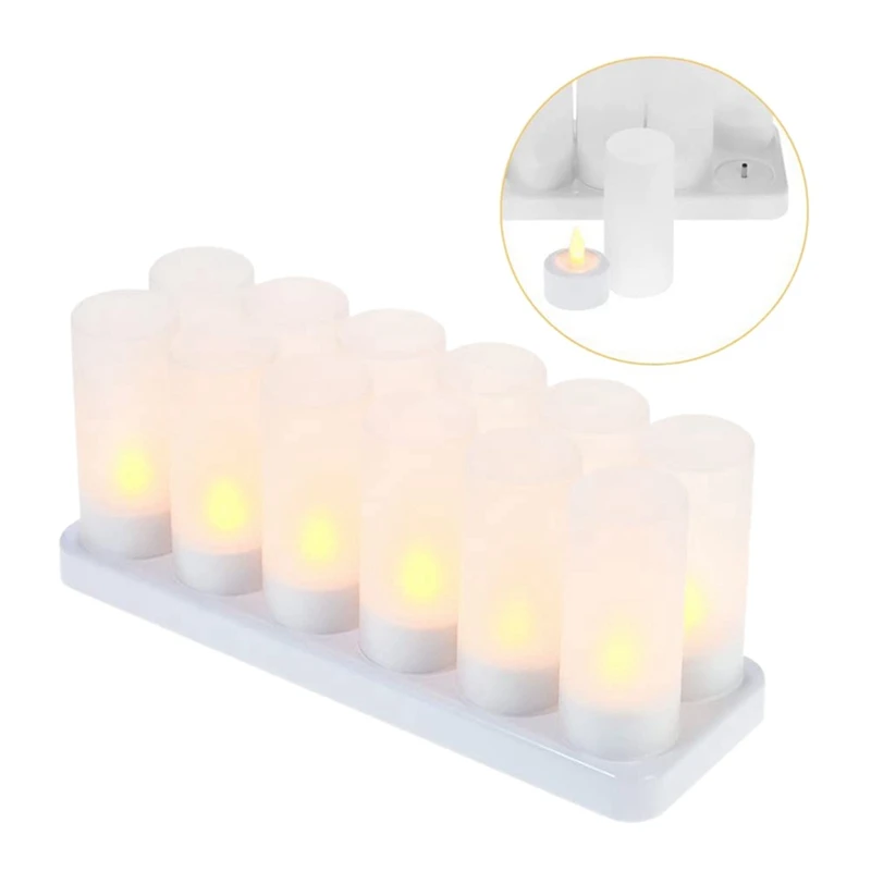 Nabíjateľná Flameless Sviečka,24 Ks Žlté Svetlo LED Blikajúce Svetlá Čaj&24 Matné Poháre,S Nabíjacej Základne,UK Plug4