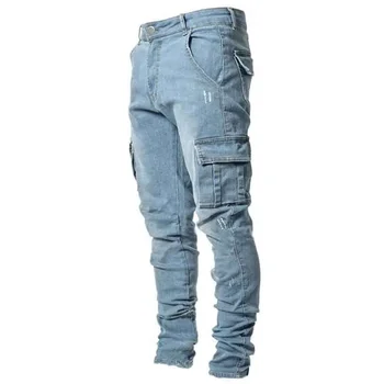 Nové džínsy mužov bočné malé nohy, úzke džínsy mierne elastické enzým umývanie multi-taška nohavice kartáčovaný