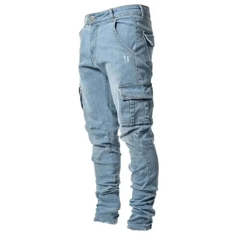 Nové džínsy mužov bočné malé nohy, úzke džínsy mierne elastické enzým umývanie multi-taška nohavice kartáčovaný0