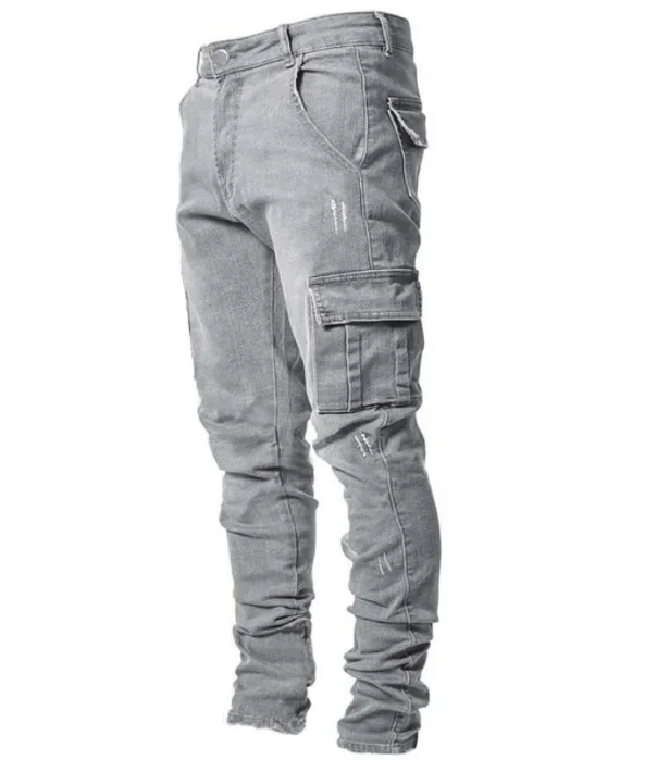 Nové džínsy mužov bočné malé nohy, úzke džínsy mierne elastické enzým umývanie multi-taška nohavice kartáčovaný2