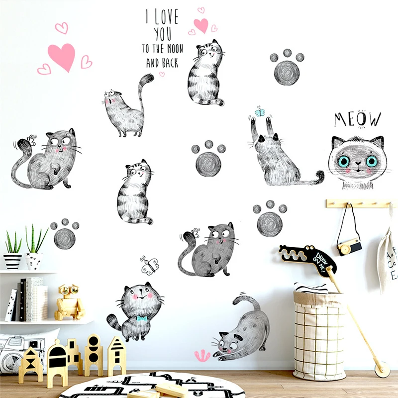 Nový štýl black ručne maľované cute cat samolepky na stenu pre obývacie izby, spálne, detskej izby, dekorácie nálepky1