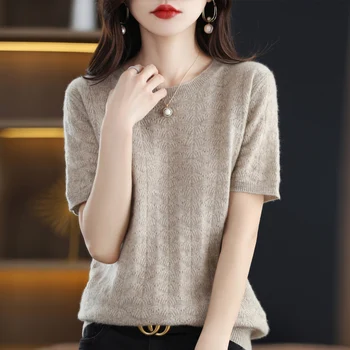O-krku pletený cashmere sveter Žien pletený pulóver 100% merino vlny s krátkym rukávom 2023 nové dámske oblečenie móda, top