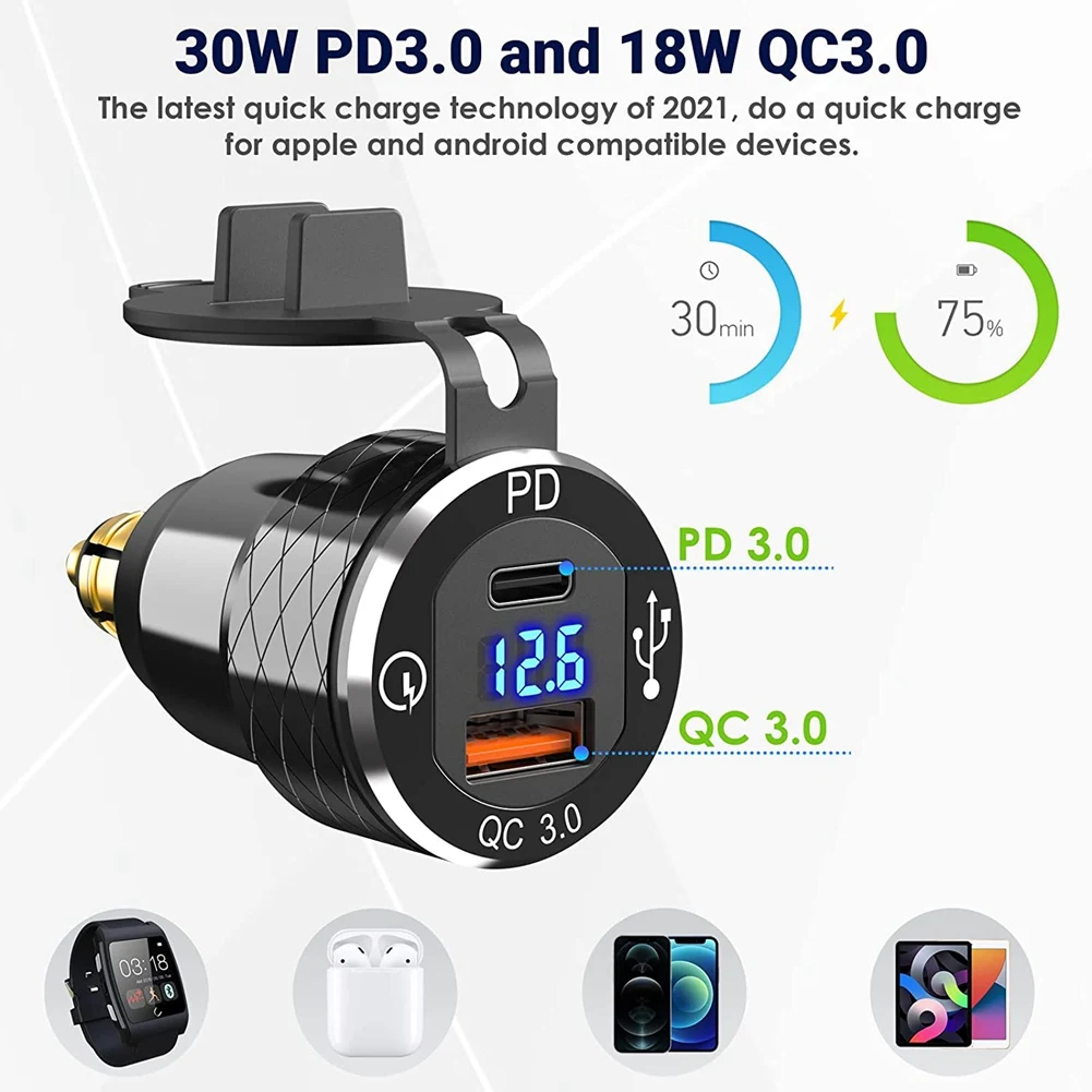 PD 3.0 Typu C, USB Rýchlo Nabíjačka Din na USB a 18W QC 3.0 Zásuvky s Voltmeter pre 12V-24V BMW, Ducati Motocykla4