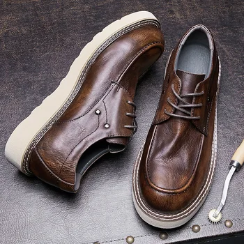 Pánske topánky, práca hovädzej kože, retro mäkké a ľahké kožené, hnedé bežné chodiť