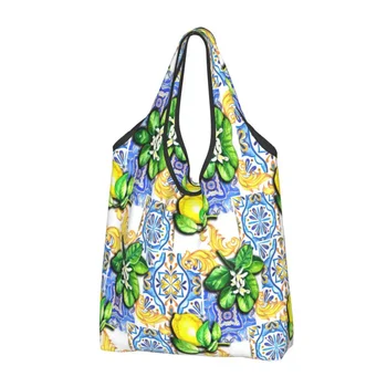 Recyklácia Stredomoria Dlaždice Letné Ovocie Citróny Nakupovanie Ženy Tote Taška Prenosná Potraviny Shopper Tašky