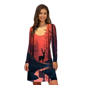 Roztomilý Kreslený Jeleň 3D Tlač Ženy Šaty 2023 Nové Jesenné Zimné Šaty Pre Ženy je Bežné Dlhý Rukáv O-krku Voľné A-Line Šaty