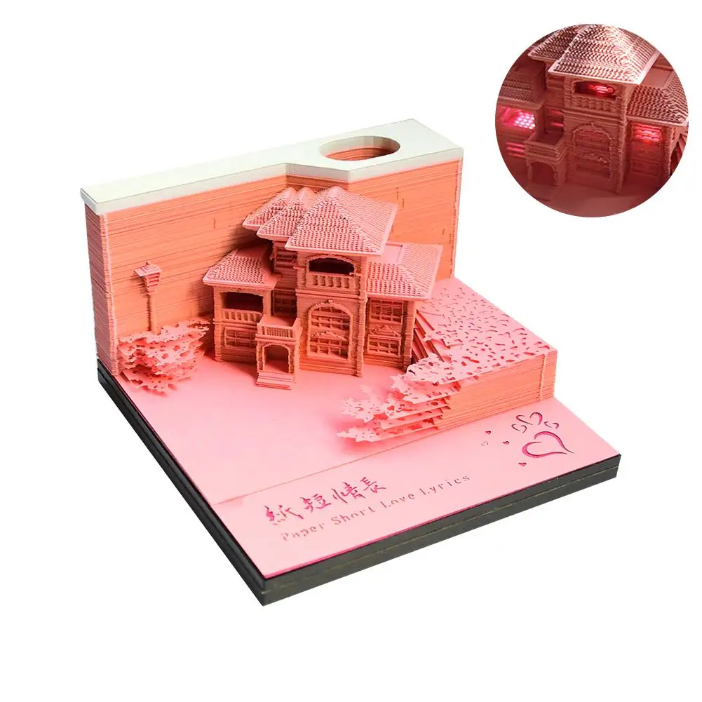 Ružový Hrad So Svetlami, 3D Papier Plavidlá, poznámkový blok Láska 3D Hniezdo Office Memo Láska Podpora Hniezdo Fetish Dekorácie, Svadobné De M7A62