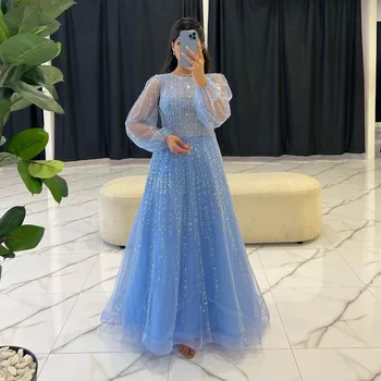 Sevintage Luxusné Modrá Lištovanie Crystal Sequined Prom Šaty, Dlhé Rukávy-Line Saudskej Arabčina Večerné Šaty Formálne Príležitosti Šaty