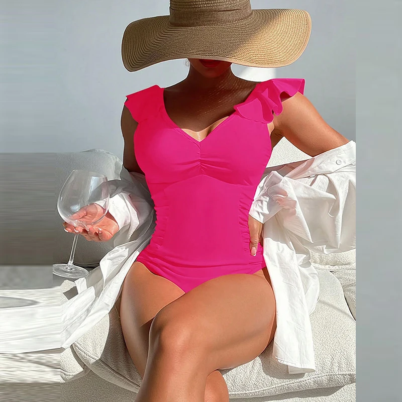 Sexy Farbou V Krku Plavky Bikiny Jeden Kus Volánikmi Skladaný Backless Kombinézach Módne Letné Prázdniny Push Up Pláž Nosiť4