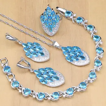 Sky Blue (Nebeská Modrá Zirkón Šperky White Crystal Ženy 925 Silver Svadobné Šperky, Náušnice, Sety/Prívesok/Krúžky/Náramok/Náhrdelník Nastaviť
