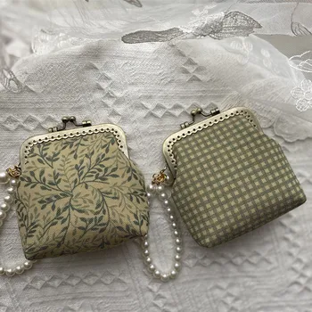 Stratené v Vintage Willow List Vzor Mince Taška Designu Tkaniny Spojka Zlato Kiss Lock Spona s White Pearl Korálkové Reťaze Svadobné Taška