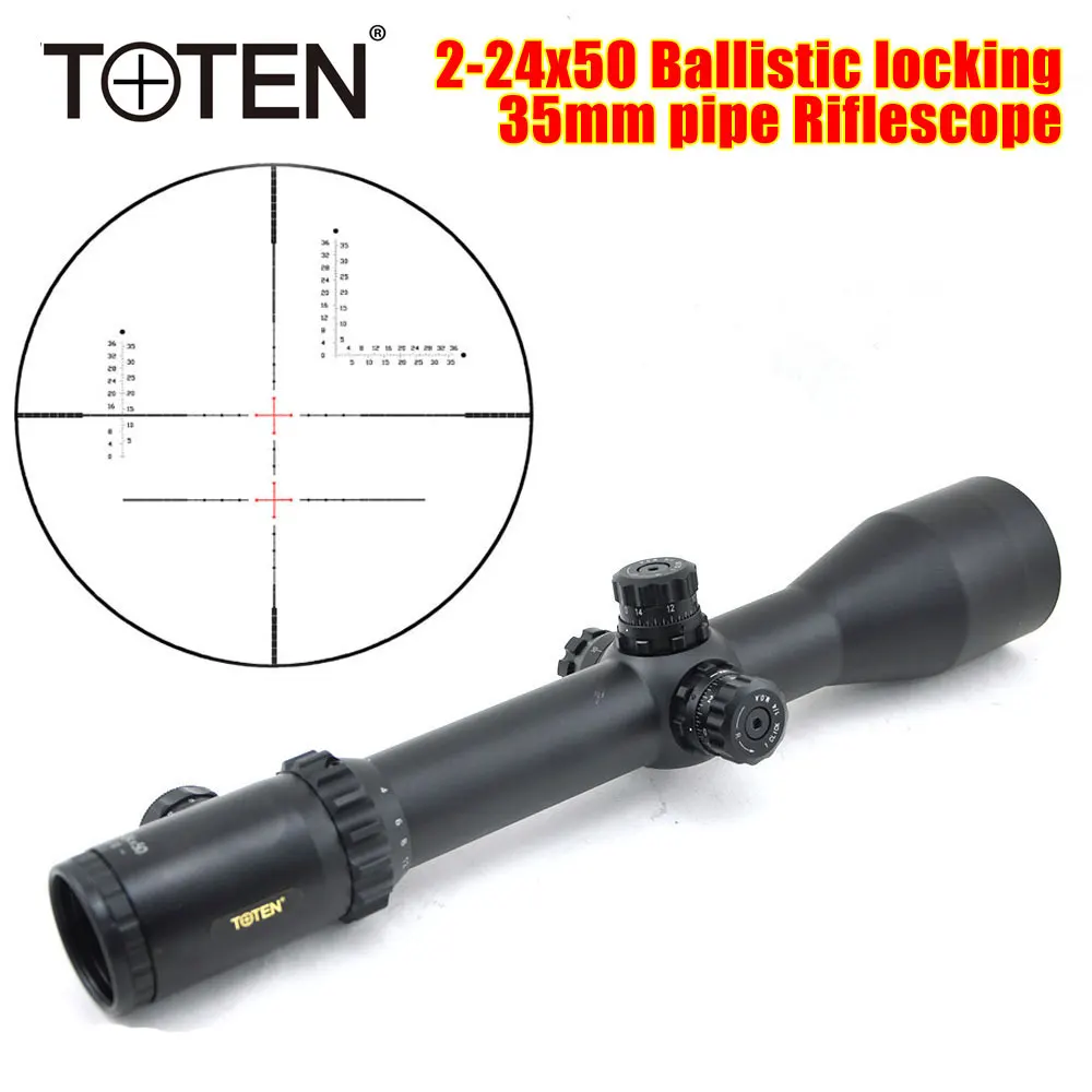 TOTEN 2-24x50 Taktické Riflescope Optický Zameriavač Zelená Červená Osvetlené Lov Odbory Puška Airsoft Rozsah Pohľad Strane Zameranie Sniper0