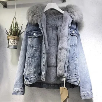 Veľké kožušiny golier džínsové bundy dámske krátke zimné nový všestranný kórejská verzia voľné plus velvet pribrala bavlna kabát