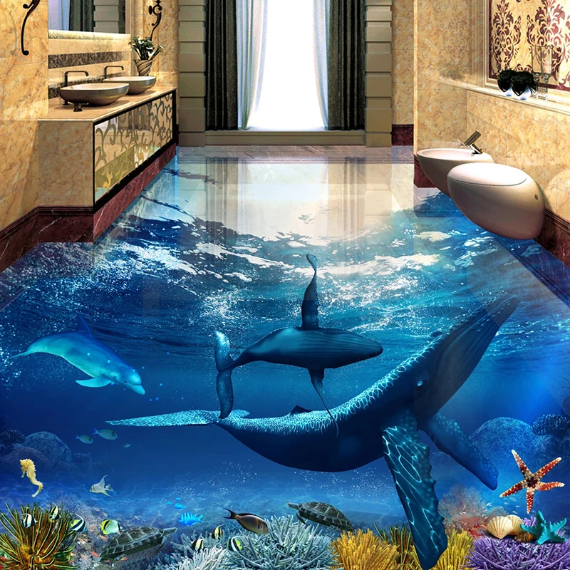 Vlastné 3D Podlahy, Maľovanie Veľryba Dolphin Podmorský Svet, Kúpeľňa Obývacia Izba, Spálňa, Podlahy Nálepky nástenná maľba na Stenu Papier Nepremokavé1
