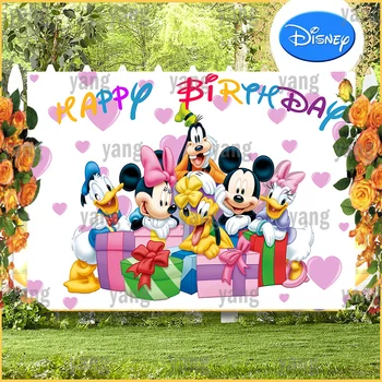 Vlastné Disney Farebné Kreslené Mickey Minnie Mouse Krásnej Daisy Ružová Láska Srdce Pozadie Narodeninovej Párty Fotografiu Na Pozadí