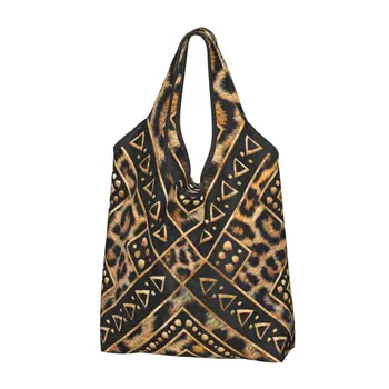 Vlastné Leopard Kožušiny Etnické Kmeňové Geometrické Ornamenty, Nákupné Tašky Veľký Obchod S Potravinami Živočíšneho Kožené Textúra Shopper Tote Tašky