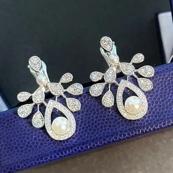 Vysoká Kvalita 925 Sterling Silver Kvapka Vody Pearl Leaf Ucho Gombíky, Náušnice Pre Ženy, Luxusné Jemné Šperky