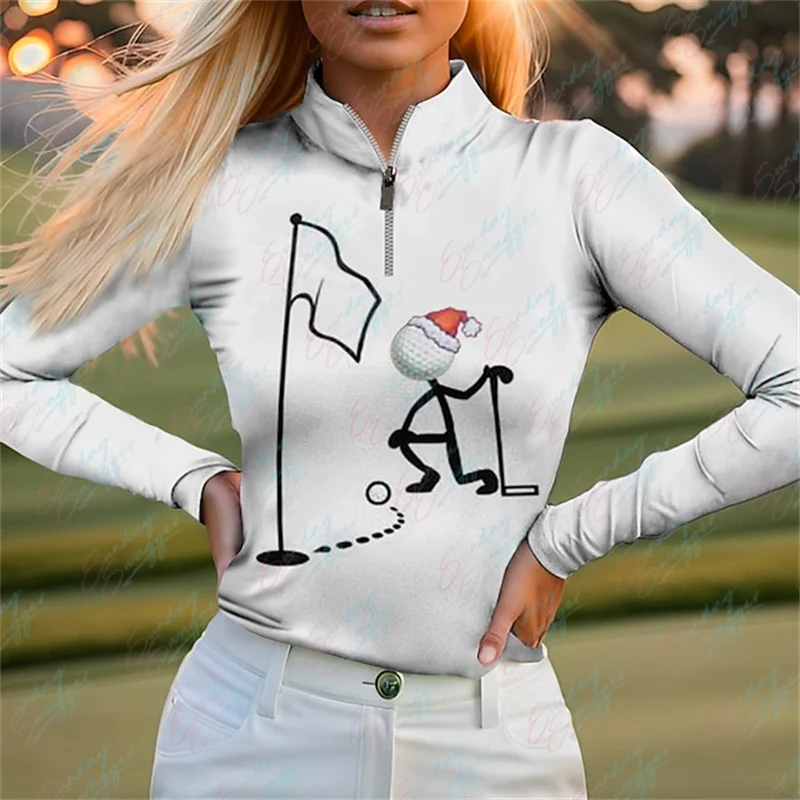 White Golf Polo s Dlhým Rukávom dámske Tričko Jednoduché Roztomilý Vytlačené Priedušný rýchloschnúci Jar AutumnTennis Golf Top Tričko0